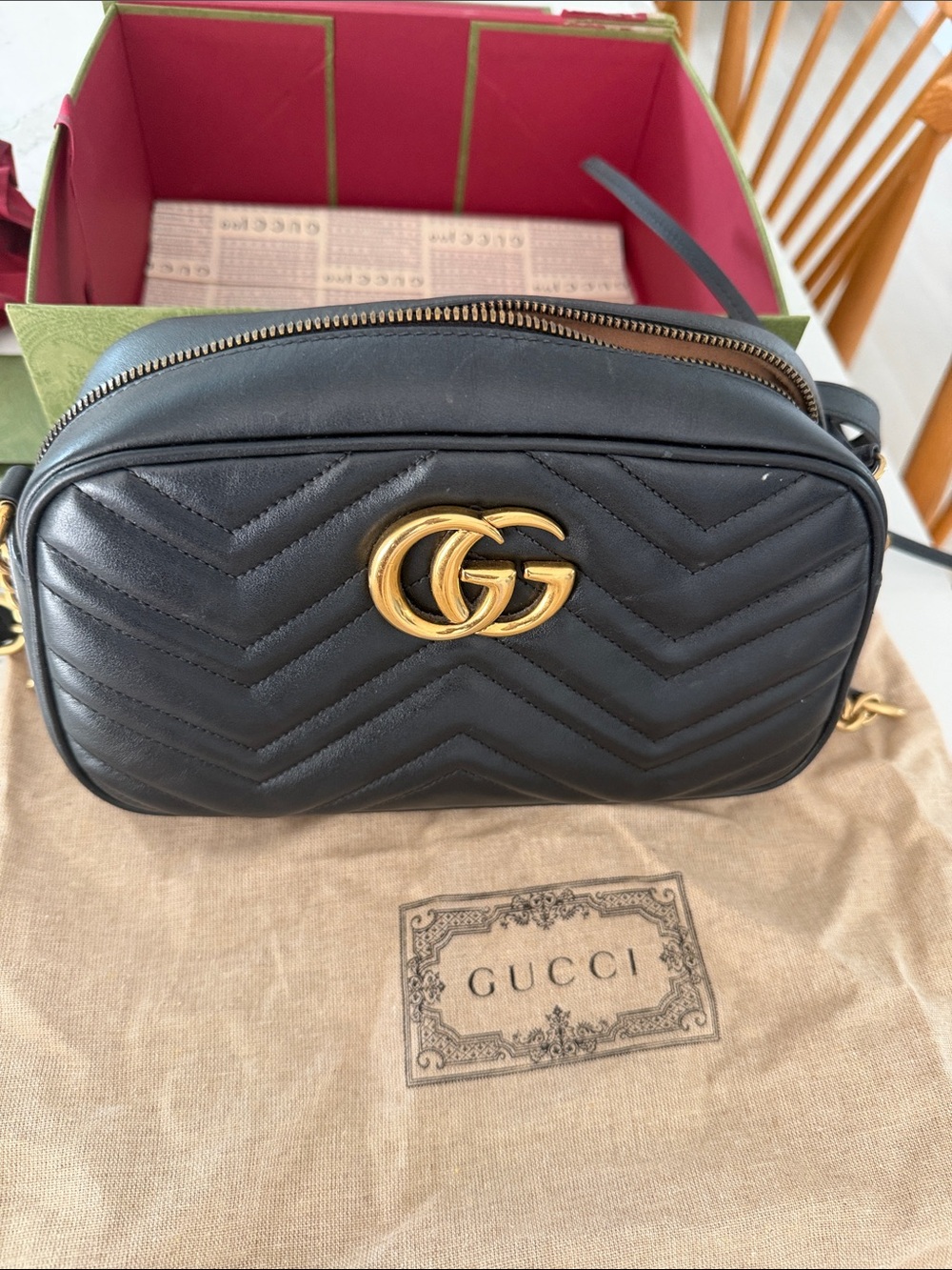 Gucci Black GG Marmont Chevron Camera Crossbody Bag with Gold Hardware